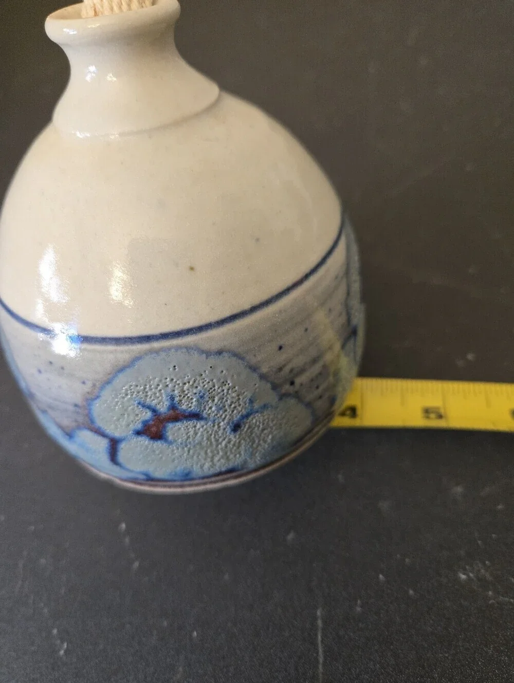 Studio Pottery Ceramic Small Vase Or Oil Bottle Featuring Blue & Brown Design